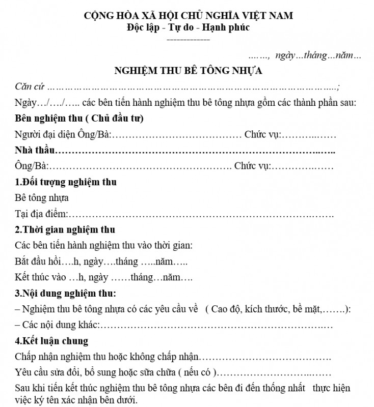 Mẫu biên bản nghiệm thu bê tông nhựa