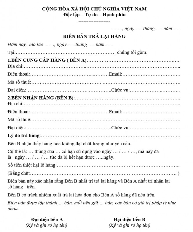 Mẫu biên bản trả lại hàng