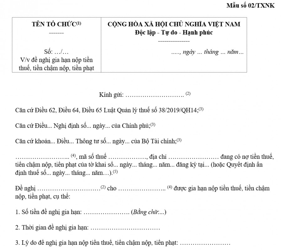 Công văn đề nghị gia hạn nộp tiền thuế, tiền chậm nộp, tiền phạt
