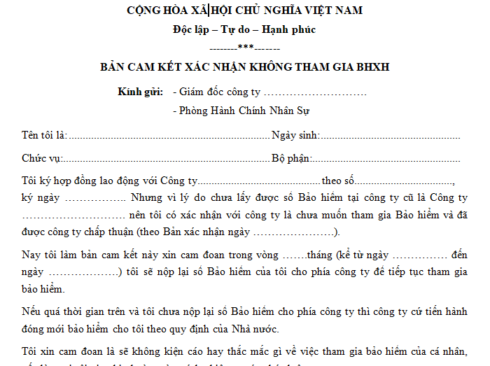 Bản cam kết xác nhận không tham gia bảo hiểm xã hội