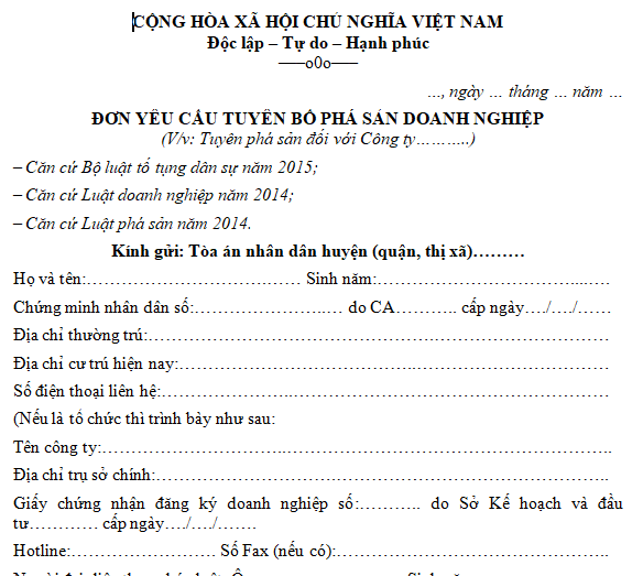 Mẫu đơn yêu cầu tuyên bố phá sản doanh nghiệp