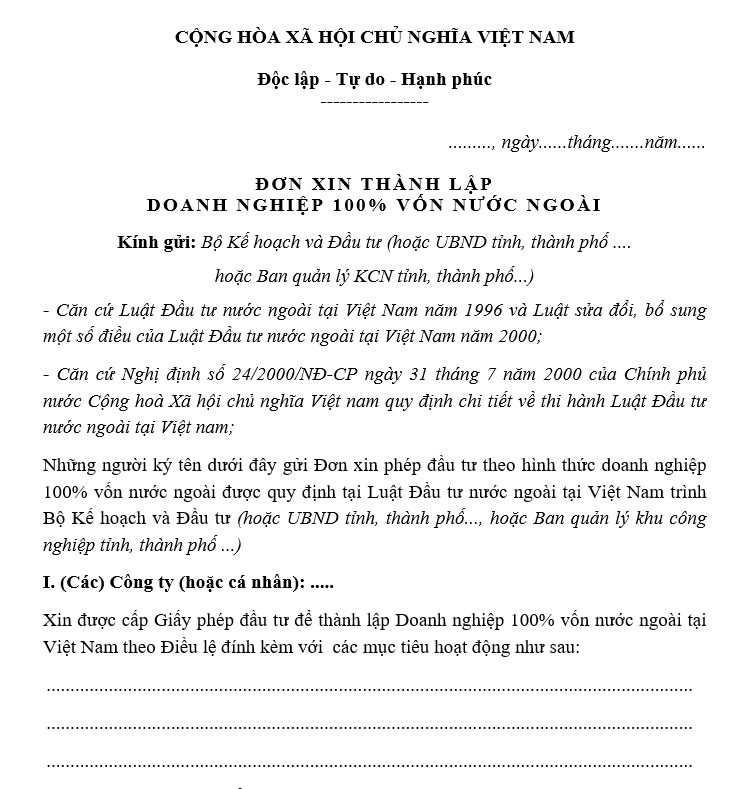 Mẫu đơn xin thành lập doanh nghiệp 100% vốn nước ngoài