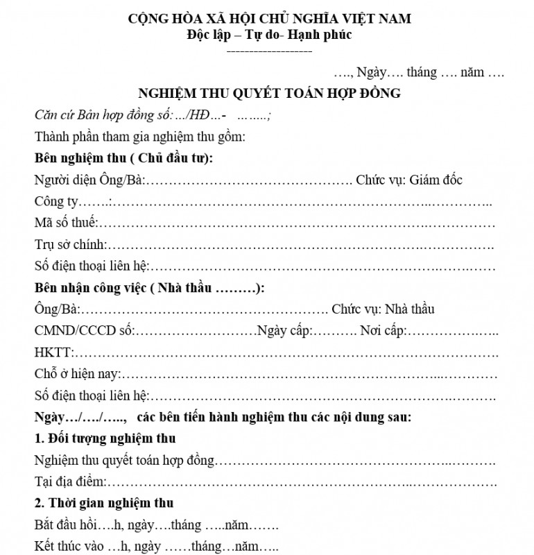Mẫu biên bản nghiệm thu quyết toán hợp đồng
