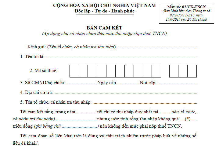 Bản cam kết thu nhập cá nhân - Mẫu số 02/CK-TNCN 2021