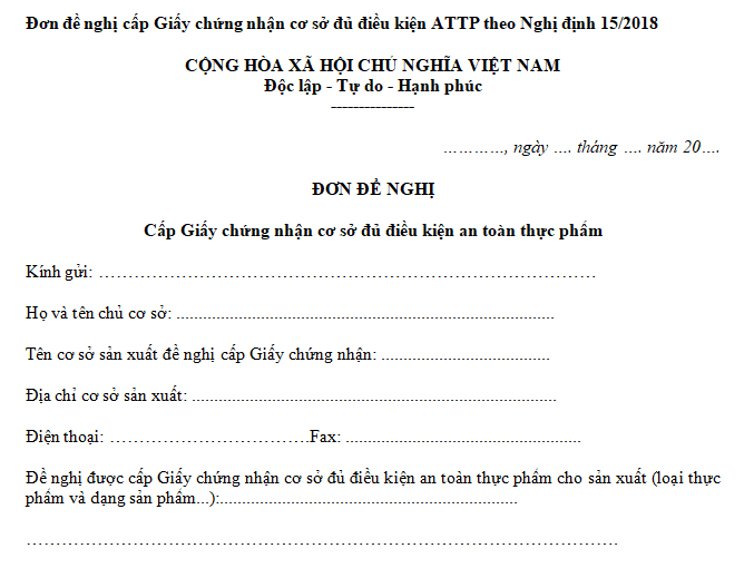 Đơn đề nghị cấp Giấy chứng nhận đủ điều kiện vệ sinh an toàn thực phẩm